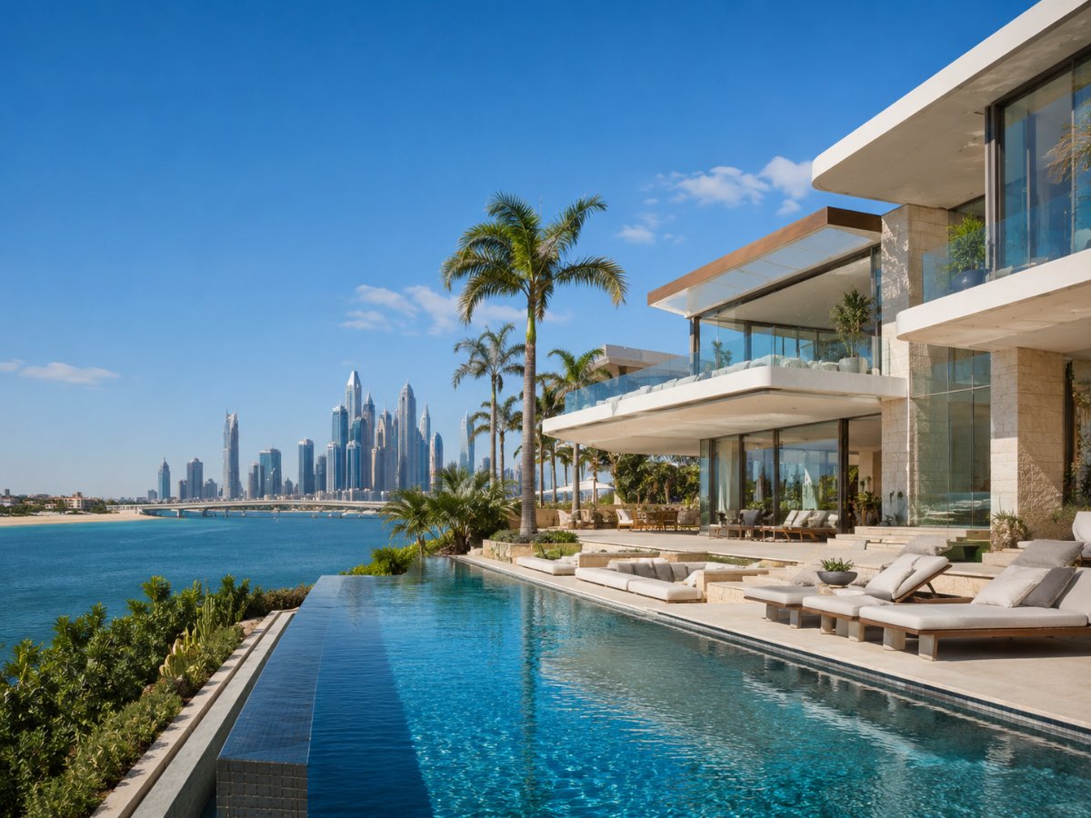 Waterfront villa with a pool overlooking the Dubai skyline