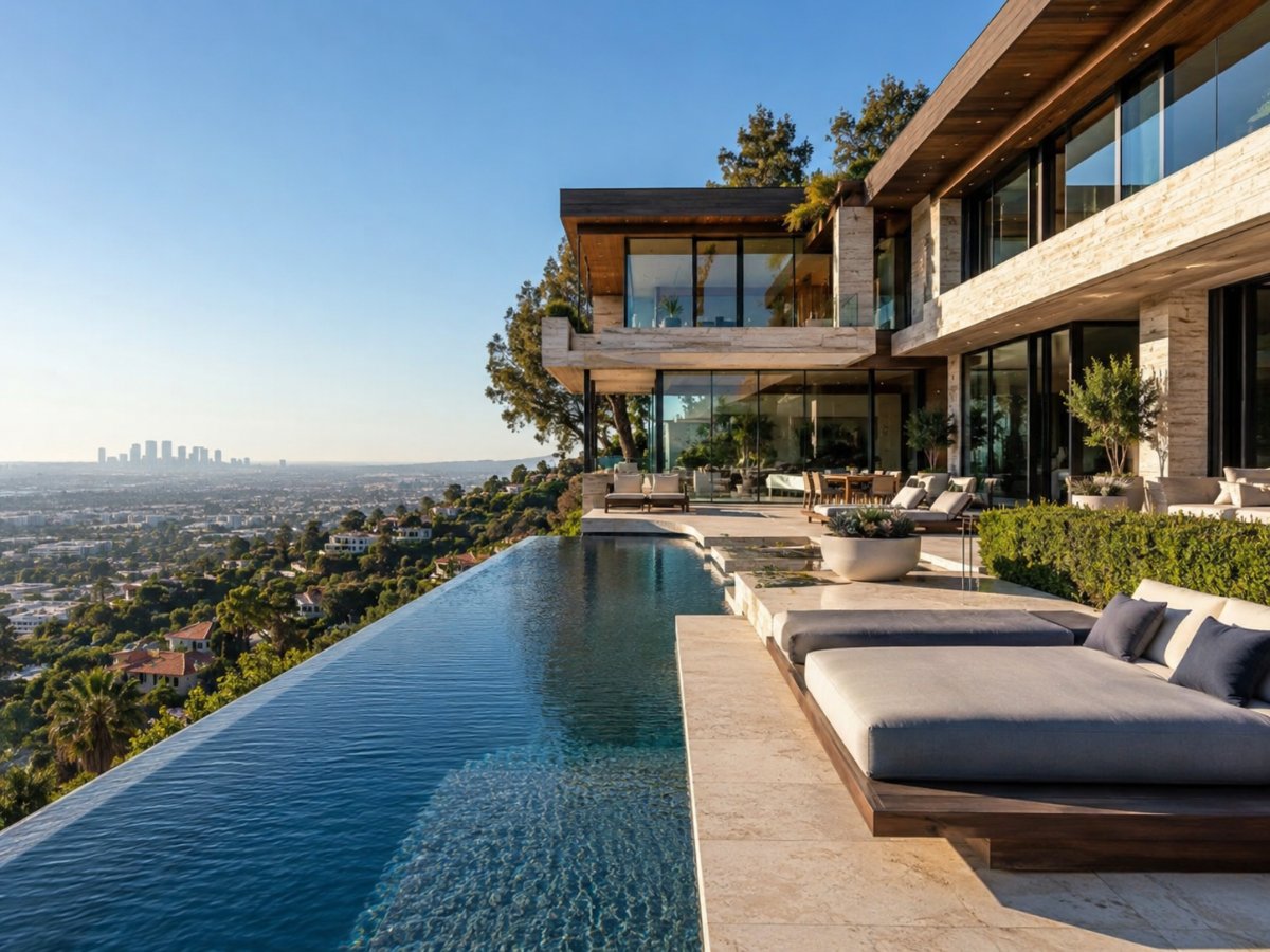 Hillside home with an infinity pool above a US city