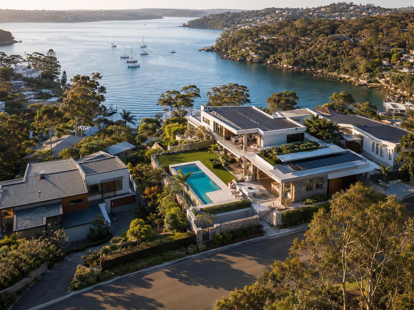 Aerial view of waterfront homes at sunset