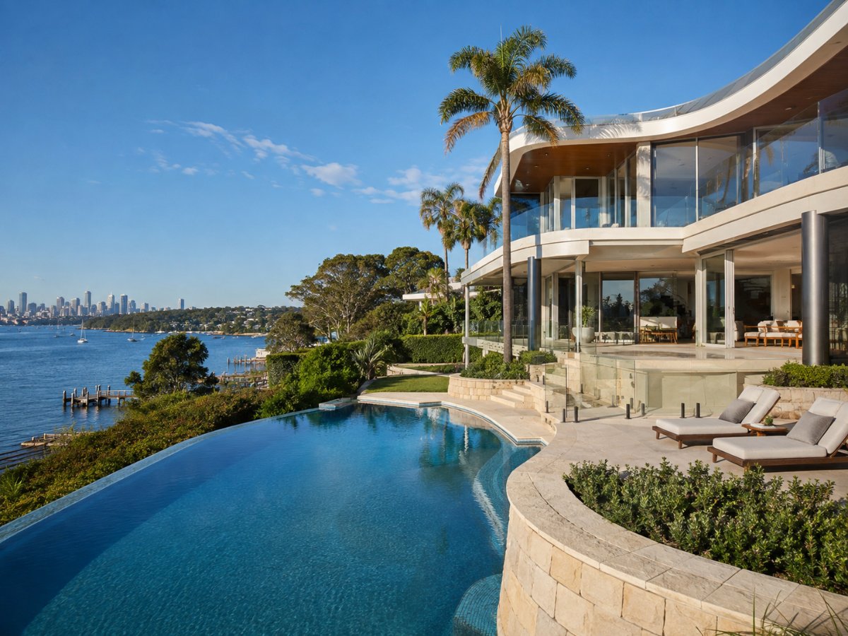 Waterfront home overlooking a harbour at the edge of an Australian city